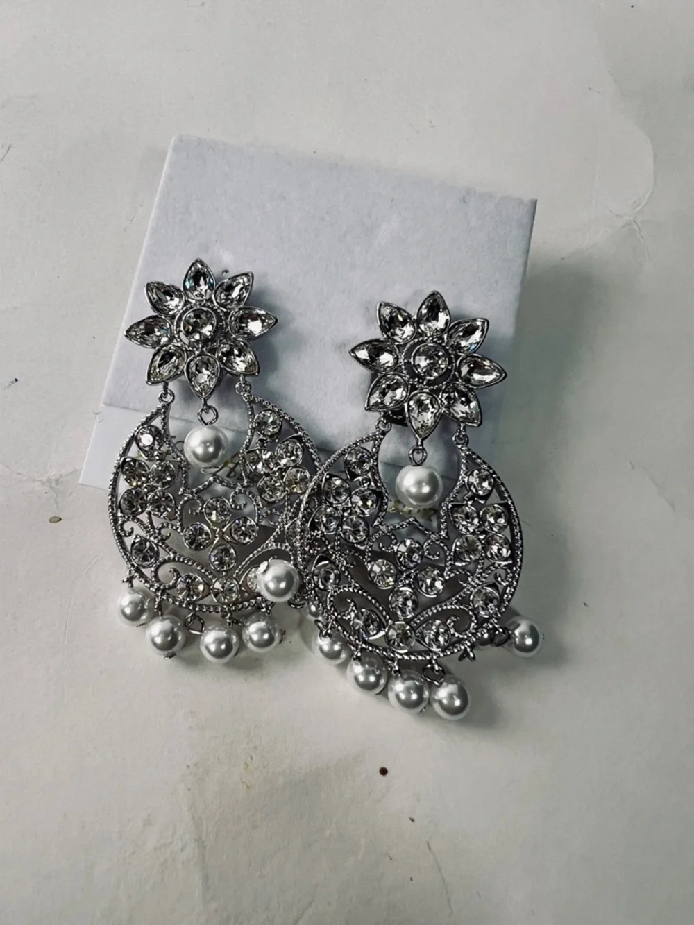 Fifth Avenue Collection Swarovski Silver Pearl Drop Chandelier Earrings - Picture 3 of 6